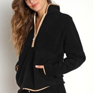 DONNI Polar Fleece 1/2 Zip Pullover Black Camel Contrast Trim